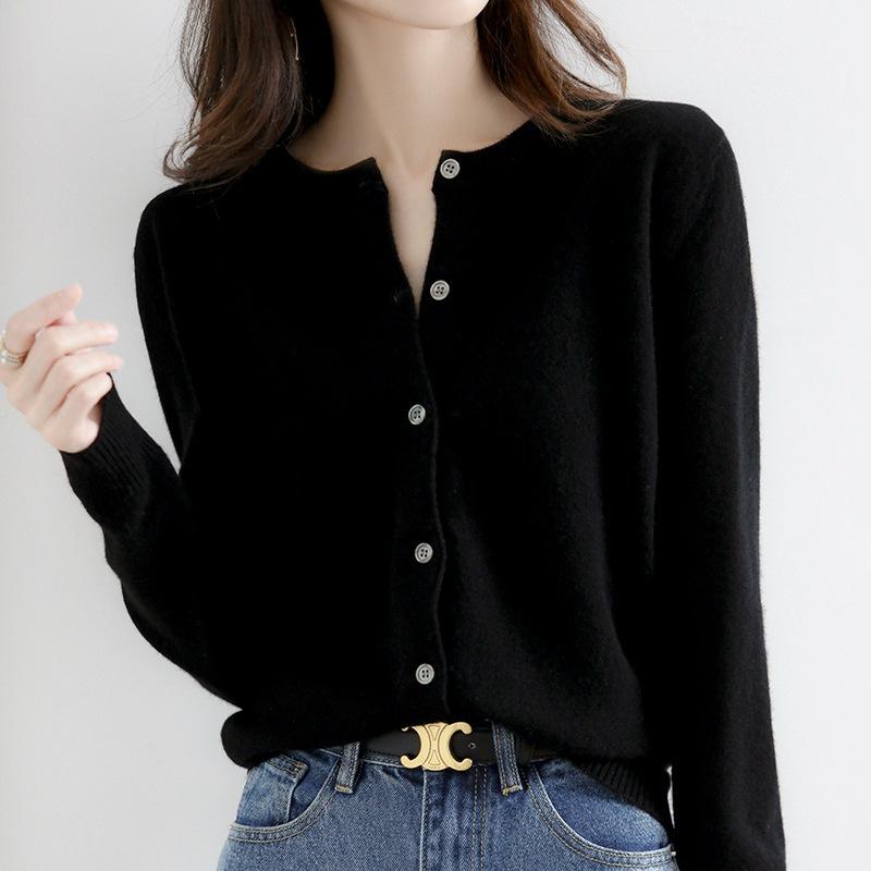 Womens Sweaters + Cardigans | Crewneck Cardigan In Cashmere Clothing black