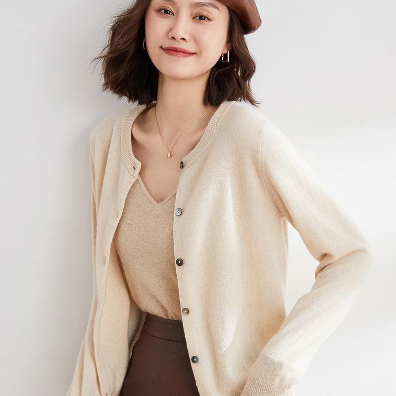 Womens Sweaters + Cardigans | Crewneck Cardigan In Cashmere Clothing royal camel